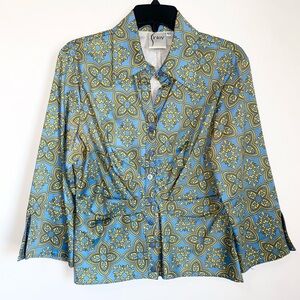 Finley Isis 3/4 Sleeve Blue/Yellow Top Blouse Large